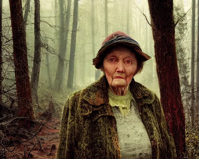 Prompt: close up portrait of an old woman with sinister face and dirty clothes standing outside of an old cabin, forest in the background, bokeh, depth of field, dramatic lighting, cinematic, vivid colors, matte painting, digital painting style, by Daniel Garber, John Atkinson Grimshaw color scheme