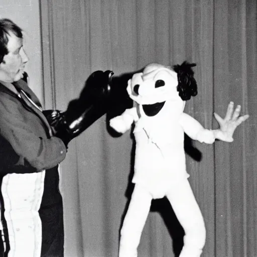 Image similar to 1 9 8 0's television talent show, a puppeteer covered in blood being brutally attacked by a hand puppet he is wearing