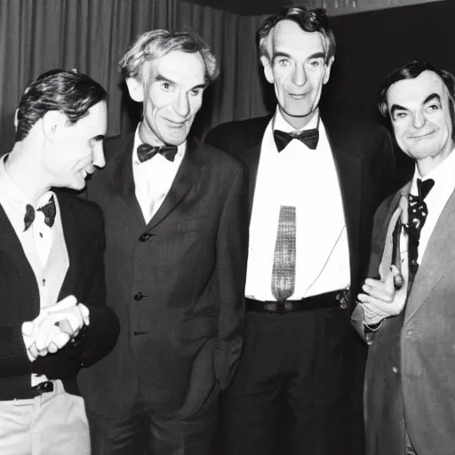 Image similar to bill nye in a nightclub with richard feynman and mr. bean