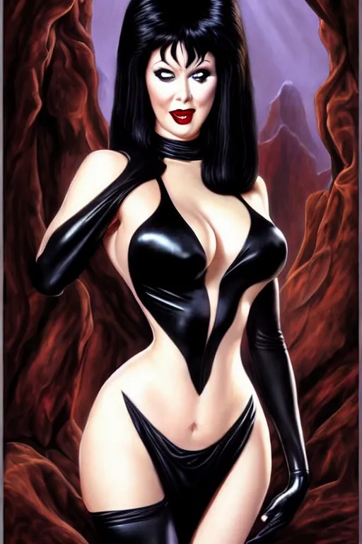 Image similar to a ( beautiful masterpiece highly detailed ) full body portrait illustration of intimate alluring elvira! mistress of the dark by ralph horsely and artgerm and joe jusko, raven black hair, porcelain white skin. betty page, curvy. trending on artstation