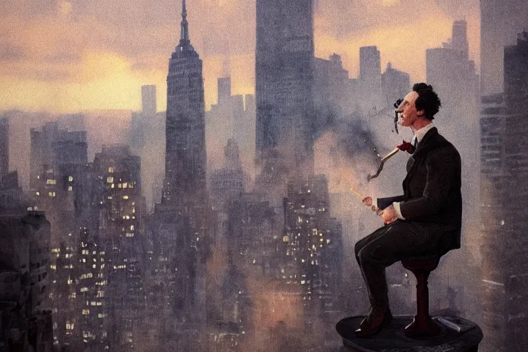 Image similar to portrait profile sherlock holmes smoking pipe on a perch facing the city at night, smoke rising, smooth, focus, highly detailed, hyper realistic, dramatic lighting, intricate, concept art, new york skyline, looking down, movie still, art by wlop, greg rutowski, artstation