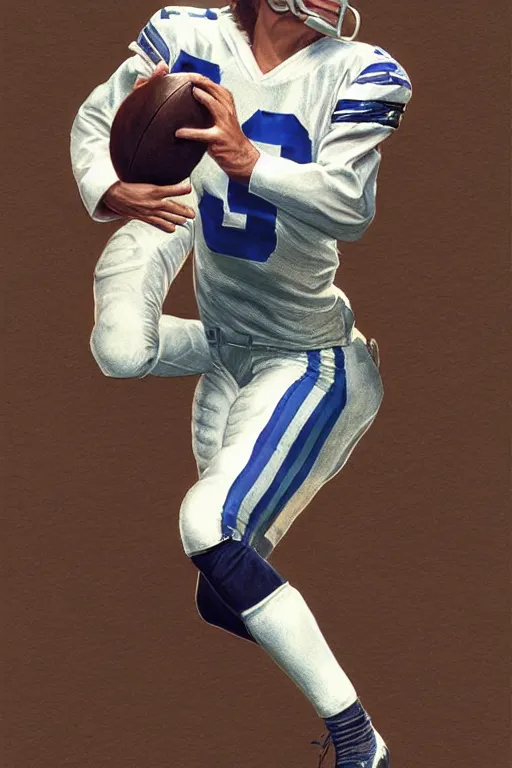 Image similar to Barry Manilow playing Football as the quarterback of the Dallas Cowboys, intricate, elegant, highly detailed, digital painting, artstation, concept art, smooth, sharp focus, illustration, art by artgerm and greg rutkowski and alphonse mucha