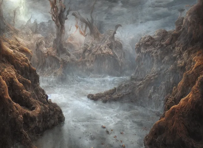 Image similar to acheron river of hell | highly detailed oil painting, hyperrealistic, very intrincate | cinematic lighting, award - winning | by rachel ruysch, giger, beksinski and bocklin | by austin osman spare and william blake, trending on artstation, cgsociety, official art, octane.