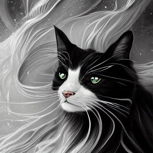 Prompt: a painting of a long haired black and white cat in a scenic environment by anna dittmann, hyperdetailed, beautiful, trending on artstation