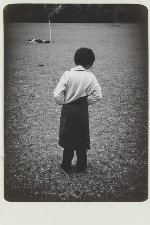 Image similar to photo polaroid of a sad and lonely child in a white coat and barefoot stands in the middle from behind the camera many big tents of field hospitals, pandemic, covid, loneliness, black and white ,photorealistic, 35mm film,