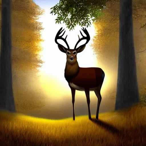 Prompt: alert buck white tail deer with large antlers wearing pajamas standing on top of a hill with light shining through the trees in the early morning, global illumination, volumetric shadows, volumetric lighting digital painting, trending on artem, trending on deviantart,