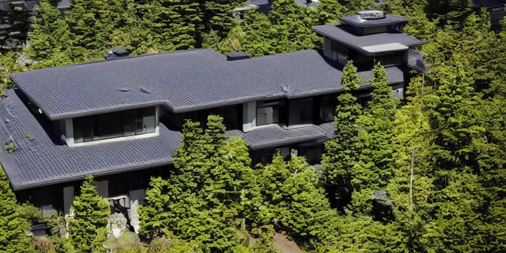 Prompt: futuristic residence, neo - japanese, pacific northwest, black tile roof