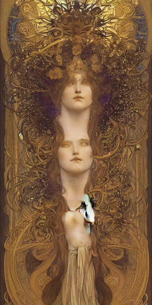 Image similar to portrait burning saint face, venus, athena, halo, by alphons mucha and annie swynnerton and jean delville, strong dramatic cinematic lighting, ornate headdress, flowing robes, spines, flowers, stars, lost civilizations, smooth, sharp focus, extremely detailed, marble, molten gold, space