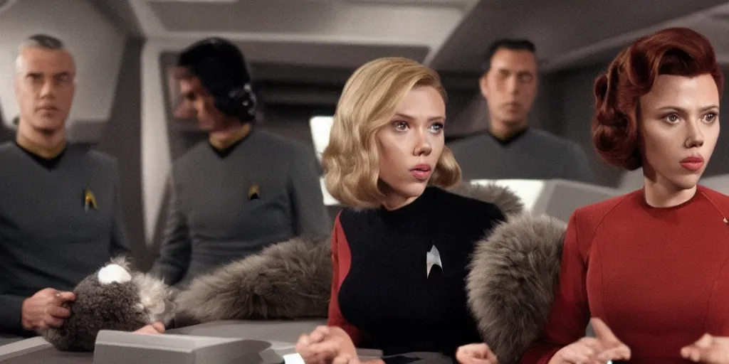 Prompt: Scarlett Johansson and Tribbles in a scene from Star Trek