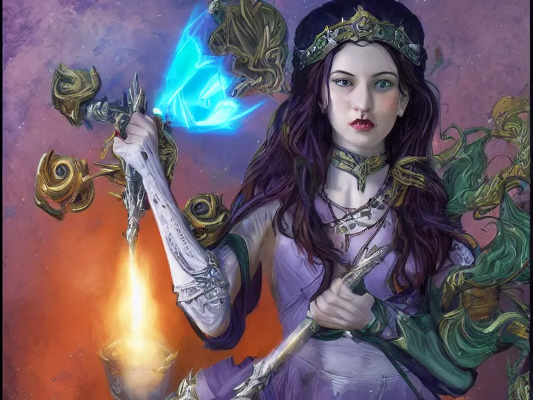 Image similar to Fantasy art styles , full size , t he queen of wands tarot card Trending on artstation. 8k