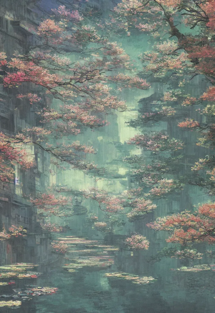 Image similar to a beautiful japanese city in the mountain, amazing ryokans and gorgeous edo era houses, fantastic non human character, epic cyberpunk, lofi vibe, colorful, vivide colors, amazing light, really beautiful nature, by jeremy lipkin, by claude monet, by makoto shinkai, kandinsky touches, inspired by ghibli, masterpiece, beautiful