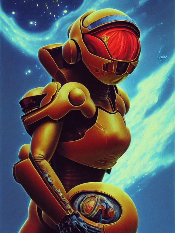 Prompt: a detailed profile painting of Samus Aran from Metroid in polished armour and visor. cinematic sci-fi poster. Cloth and metal. Welding, fire, flames, samurai Flight suit, accurate anatomy portrait symmetrical and science fiction theme with lightning, aurora lighting clouds and stars. Clean and minimal design by beksinski carl spitzweg giger and tuomas korpi. baroque elements. baroque element. intricate artwork by caravaggio. Oil painting. Trending on artstation. 8k