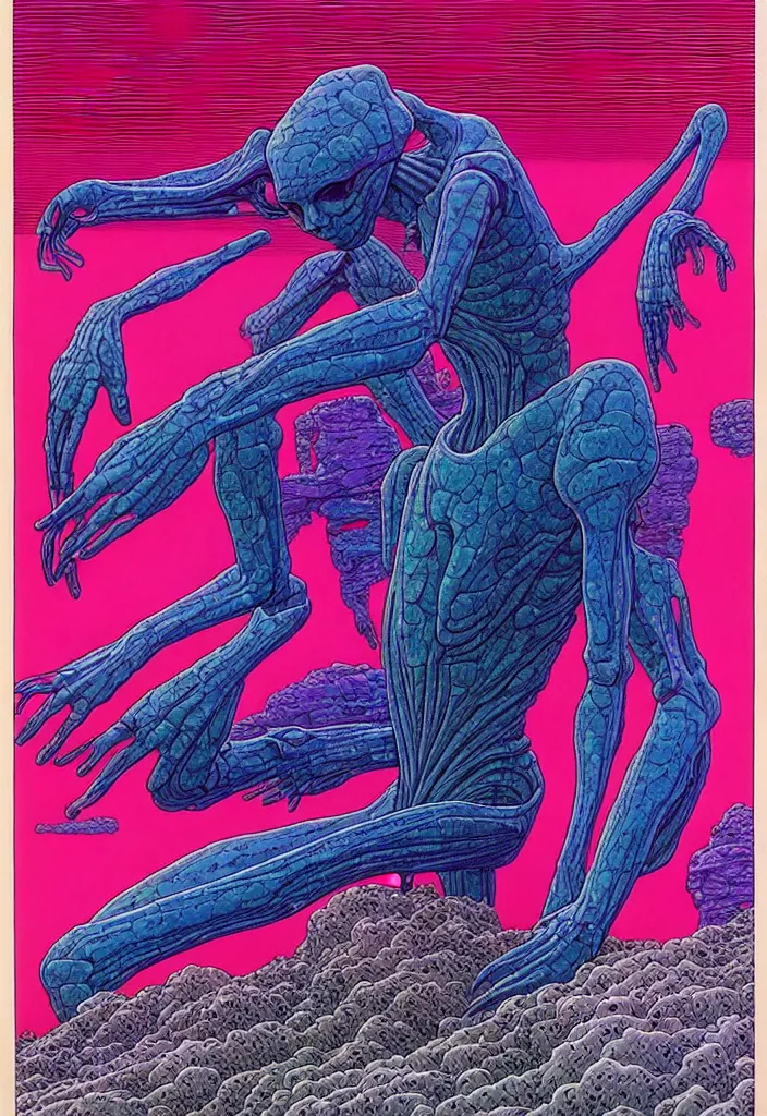 Image similar to ( ( ( ( a humanoid creature from another planet. ) ) ) ) by mœbius!!!!!!!!!!!!!!!!!!!!!!!!!!!, overdetailed art, colorful, artistic record jacket design