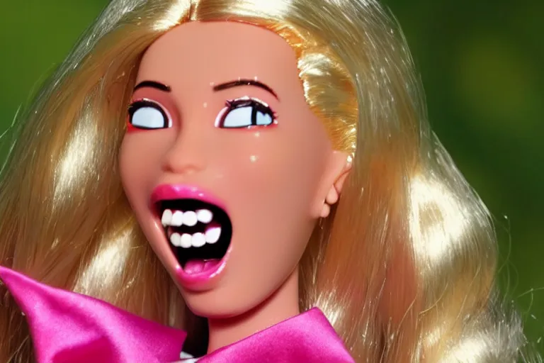 Image similar to Barbie screaming face is melting, night, high-resolution photo,