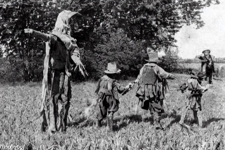 Image similar to sketchy scarecrow from the early 1 9 0 0's leading children into the cornfields