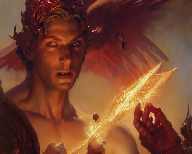 Image similar to attractive male deity, casting demonic magic, summoning handsome lucifer morning star. highly detailed painting by gaston bussiere, craig mullins, j. c. leyendecker 8 k