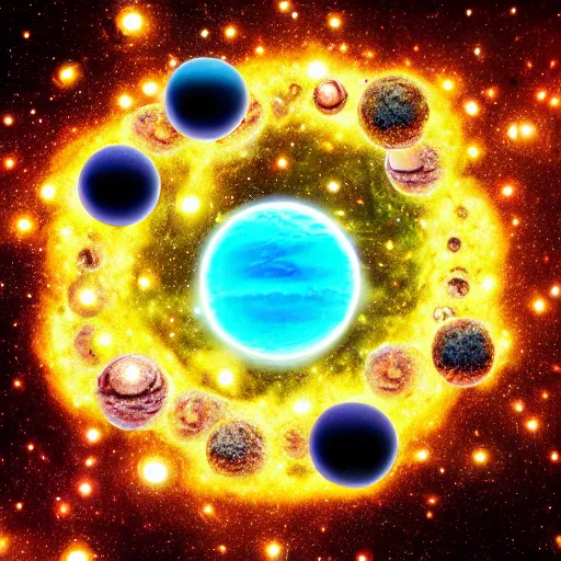 Image similar to army of balls with universes inside, hubble background, amazing, fire, 5 5 mm