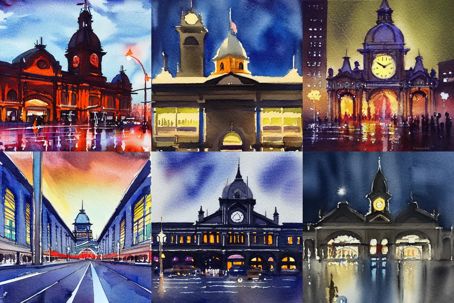 Prompt: “watercolour painting of flinders street station in Melbourne, Australia, on wet night”