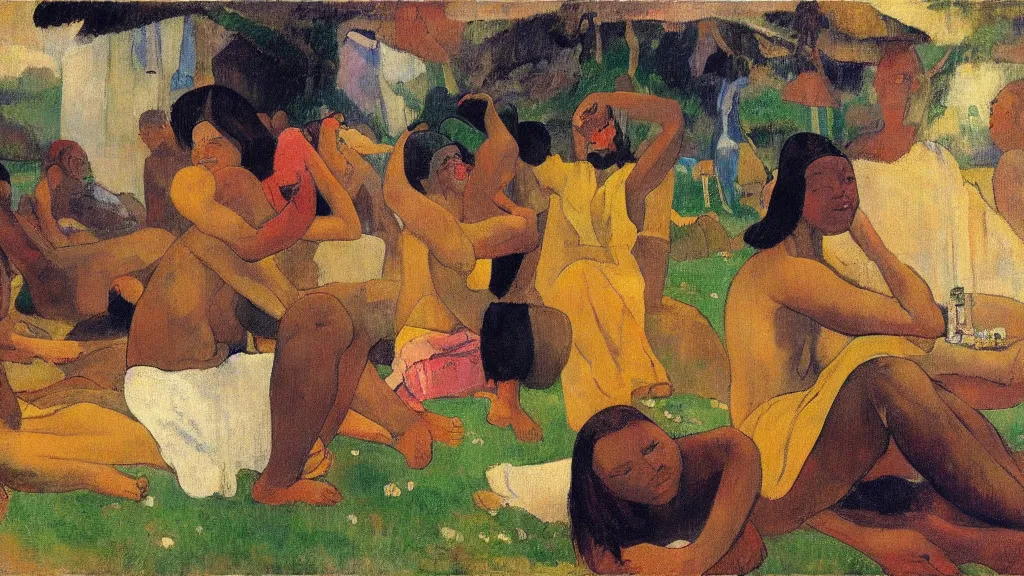 Image similar to chilled study lo fi hiphop, in style of paul gauguin, 4 k, high resolution details,