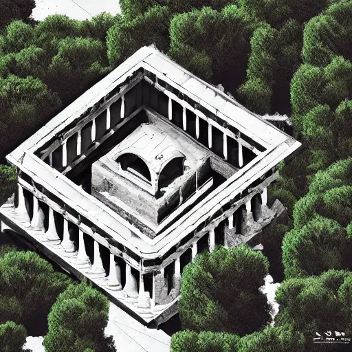 Prompt: Greek temple, Drone photography, in the graphic style of Matt Sanz, hyper detailed, trending on artstation, glow