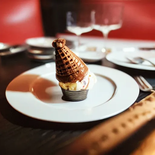 Image similar to photograph of a formal presentation of an ice cream cone on a plate with grotesque silverware in a fancy avant-garde restaurant
