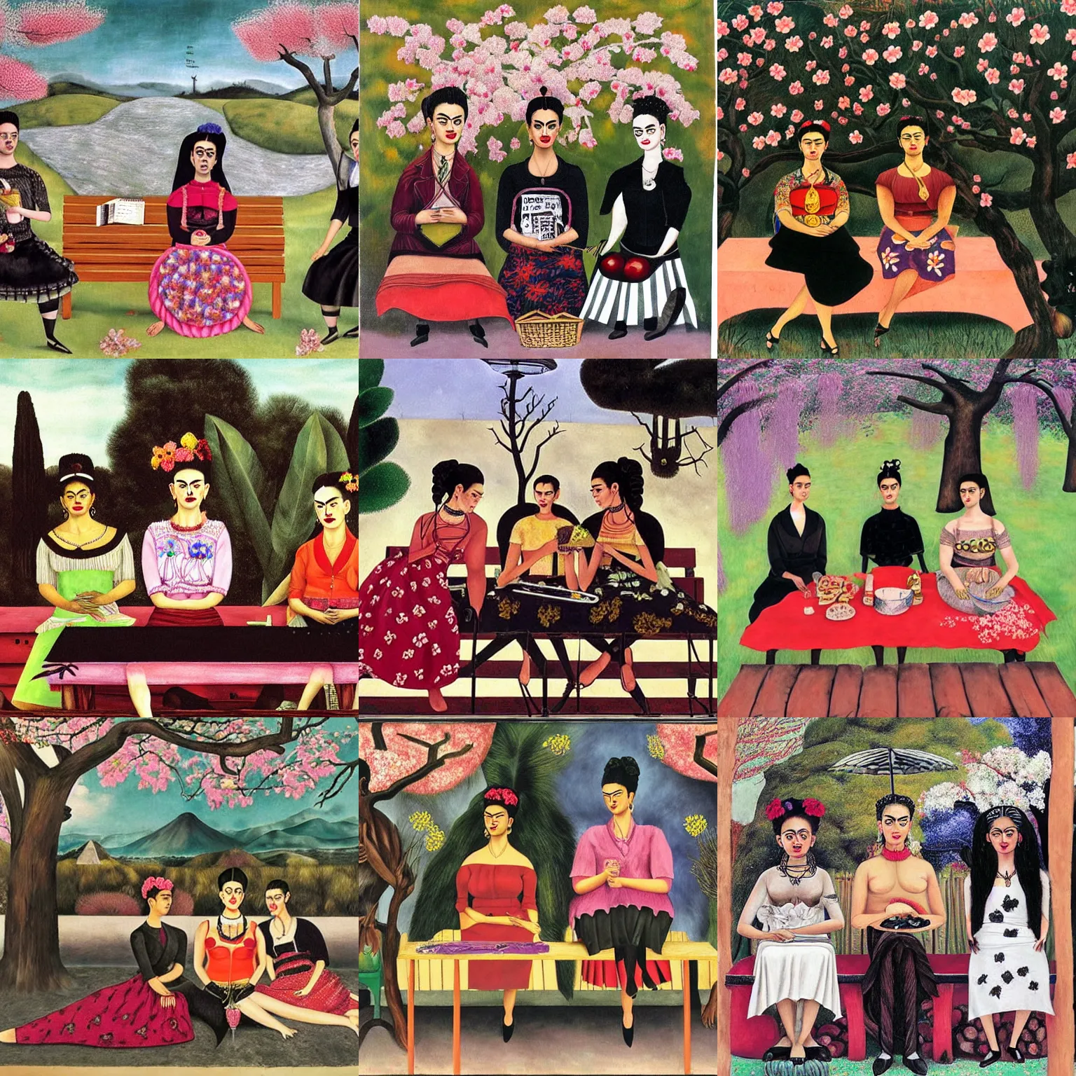 Prompt: art by frida kahlo depicting three goths sitting at a picnic table in the shade, talking beneath a cherry blossom outside a blockbuster video store.