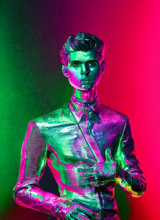 Image similar to photo of baroque and bladerunner delicate neon emerald sculpture of seductive prince adrien sahores pink iridescent humanoid deity wearing metallic jungle leaves, crystal tigers, glowing rainbow lights, crown made of hands, cinematic lighting, photorealistic, octane render 8 k depth of field 3 d