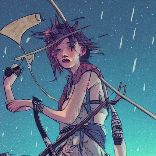 Image similar to close up, posing pointing with an arrow bow and shouting, a grungy cyberpunk anime, very cute, by super ss, curly pink hair, night sky by wlop, james jean, victo ngai, highly detailed