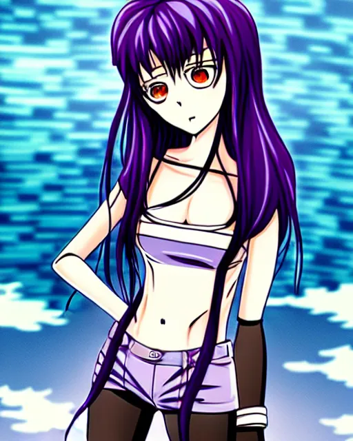 Image similar to style of madhouse studio anime, black lagoon manga, loish, artgerm, comic art, portrait of revy from black lagoon, symmetrical eyes and symmetrical face, jean shorts, white tank top, purple hair, sarcastic evil smirk on face, sky and ocean background