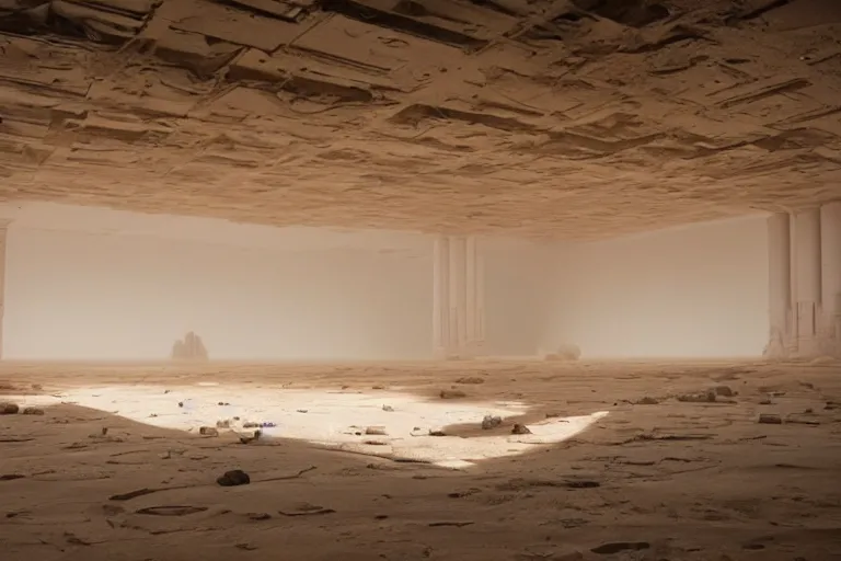 Prompt: inside a large open room with a tall ceiling, monolithic, open wall architecture, sand storm inside, high winds, concrete pillars, ancient sci - fi elements, on an alien planet, sun is blocked by dust, pale orange colors, cinematographic wide angle shot, directed by christopher nolan