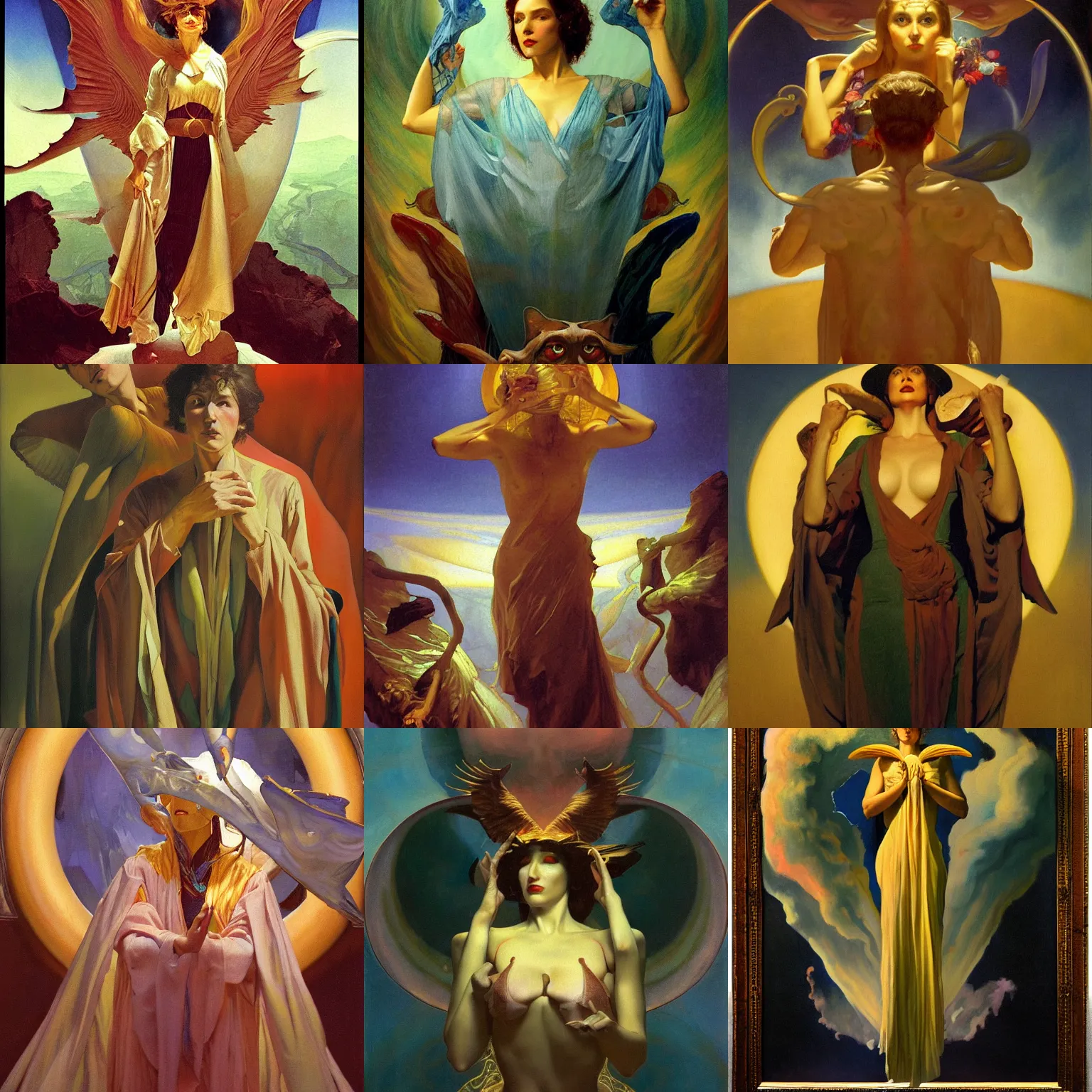 Prompt: surreal oil painting of the Oracle of the three prismatic monstrous fates, by Leyendecker and NC Wyeth, oil on canvas, volumetric diffuse shading, pre raphaelite style