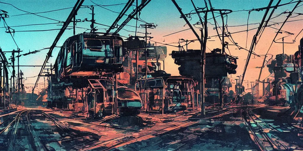 Image similar to post apocalyptic wasteland overhead wires telephone poles neon futuristic cyberpunk sunset clouds sky streetcar tram subway tunnel illustration by syd mead