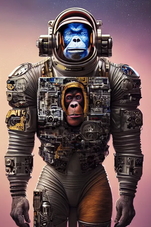 Image similar to a portrait of a muscular anthropomorphic cyberpunk orangutang in spacesuit armor with ensignia on chest plate by sandra chevrier, by jon foster, detailed render, pistol in holster, extremely hyperdetailed, tape deck, epic composition, cybernetics, 4 k realistic, cryengine, realistic shaded lighting, sharp focus, masterpiece, by enki bilal