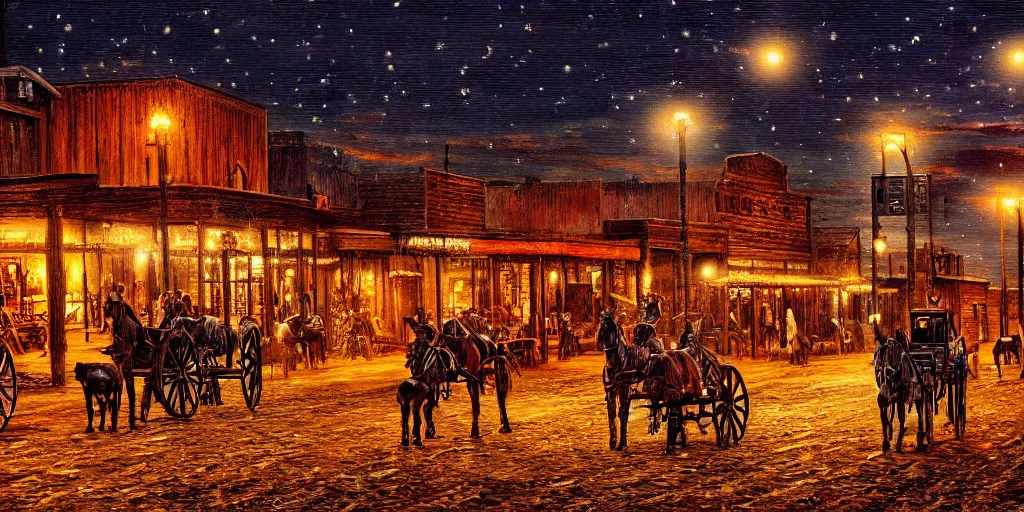 Prompt: oil painting of wild west small town, western, old west, nighttime, high production value, intricate details, high resolution, hyperrealistic, hdr, high definition, masterpiece, ultra realistic, highly detailed, hd, sharp focus, non blurry, sharp, smooth