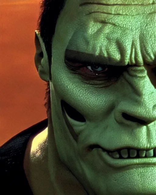 Prompt: film still close - up shot of dwayne johnson as jim carrey from the movie the mask. photographic, photography