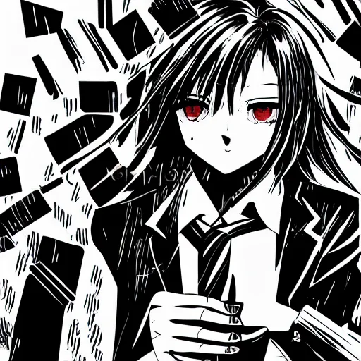 Prompt: a girl wearing a business and a red necktie, in the style of chainsaw man, black and white, anime art, hd