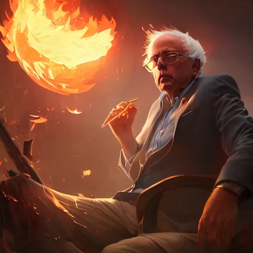 Image similar to portrait of bernie sanders burning money, league of legends amazing splashscreen artwork, splash art, natural light, elegant, photorealistic facial features, intricate, fantasy, detailed face, atmospheric lighting, anamorphic lens flare, cinematic lighting, league of legends splash art, hd wallpaper, ultra high details by greg rutkowski