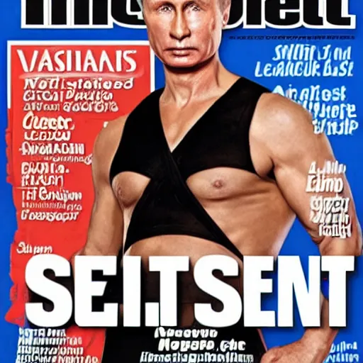 Prompt: vladimir putin on the cover of sports illustrated swimsuit edition, magazine cover, high definition