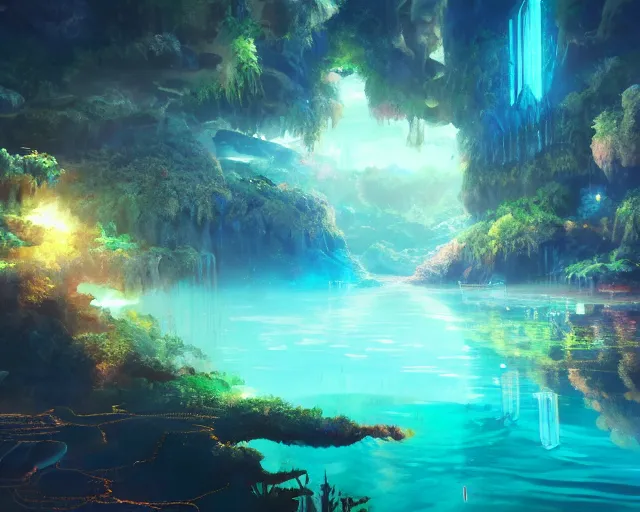 Image similar to scenery artwork, scene beautiful, light!! light essential underground ocean world atlantis and nature vegetation with daylight, surrealism oil on canvas, artstation!! pixiv!! dream scenery, quality astral projection render, nier automata concept art, vaporwave textures