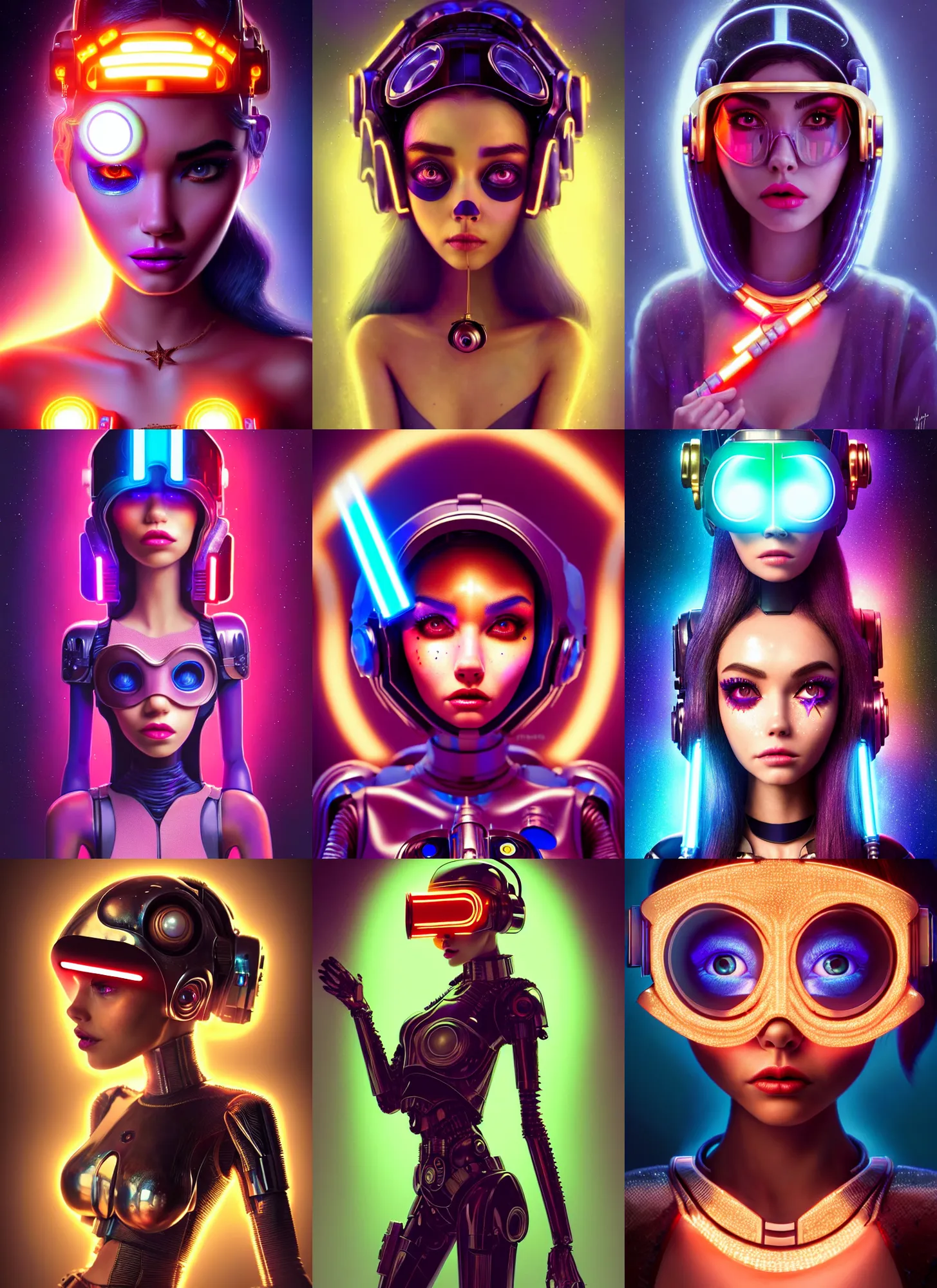 Prompt: pixar portrait 8 k photo, beautiful edc star wars clowncore madison beer cyborg woman, golden ratio jewelry lights, sci - fi, fantasy, cyberpunk, intricate, visor, elegant, highly detailed, digital painting, ever after high, octane render, artstation, concept art, smooth, sharp focus, illustration, art by artgerm, loish, wlop