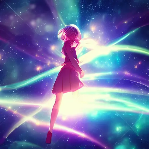 Image similar to Anime girl flying through space with a lucid dream feeling, cinematic, beautiful colours, pretty composition