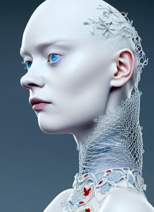 Prompt: complex 3d render ultra detailed of a beautiful porcelain profile young albino woman face, blue eyes, biomechanical cyborg, 200 mm lens, beautiful studio soft light, rim light, silver white gold red details, magnolia big leaves achromatic and stems, roots, fine foliage lace, mesh wire, Alexander Mcqueen high fashion haute couture, art nouveau fashion embroidered, intricate details, hyper realistic, ultra detailed, mandelbrot fractal, anatomical, facial muscles, cable wires, microchip, elegant, octane render, H.R. Giger style, 8k post-production, trending on Artstation