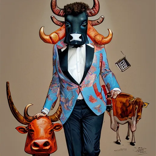 Prompt: high quality picture of a man in a suit wearing a latex mask of a mad horrific cow, by James Jean, natural lighting