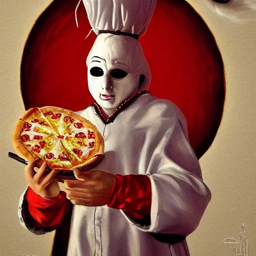 Image similar to a highly detailed pulcinella! with a pizza! margherita, full body, volcano in background, lava and smoke, ominous, detailed painting by arturo faldi, trending on deviantart, octane, masterpiece