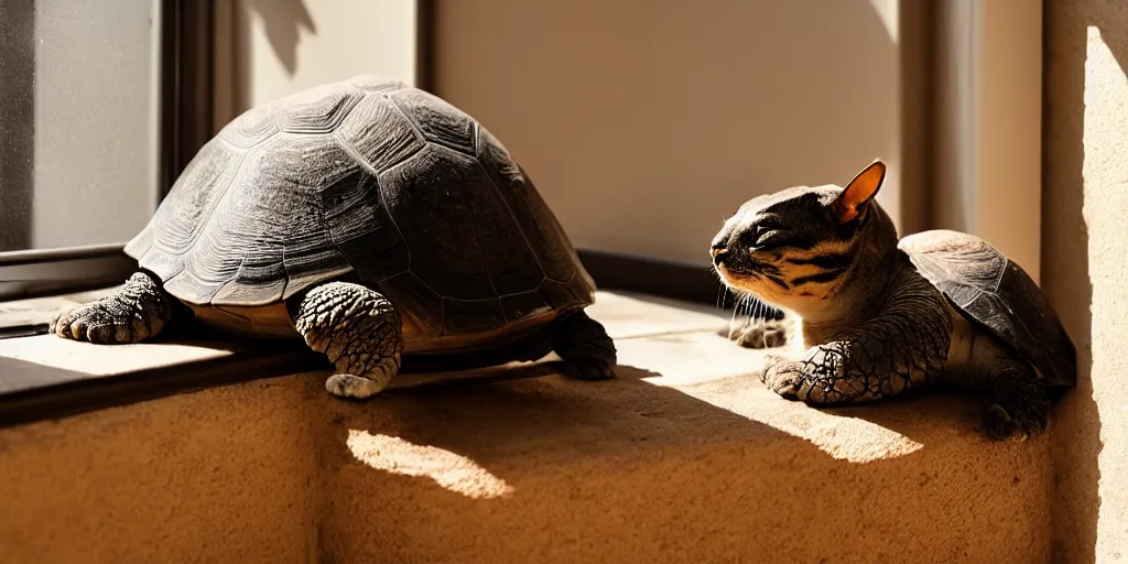 Prompt: a tortoise coloured cat sleeping by the window in the sunlight, afternoon sun, fireplace in the corner