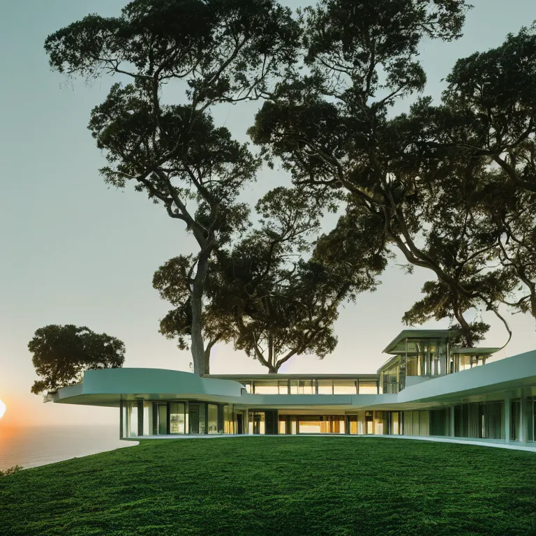 Prompt: photo by josh pierce and prateek vatash and roman bratschi, a giant huge smooth sleek minimalist beautiful mid - century modern revival mansion palace with green plants and giant reflective windows on a huge scenic cliff overlooking the ocean, sunset, 4 d, 4 k, ray tracing reflections, volumetric lighting and shadows, haze, light beams