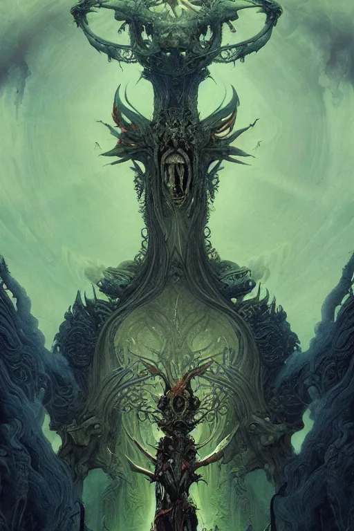 Image similar to evil gigantic alien skull lord demon of death, fantasy painting, ultra realistic, wide angle, art nouveau, intricate details, rainbowshift, vivid colors, highly detailed by peter mohrbacher, h. r. giger, maxfield parrish, gaston bussiere, gustave dore, craig mullins