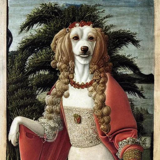 Image similar to portrait of a white labrododdle dog with curly white fur as an italian queen, painting by botticelli, 1 4 8 0 s