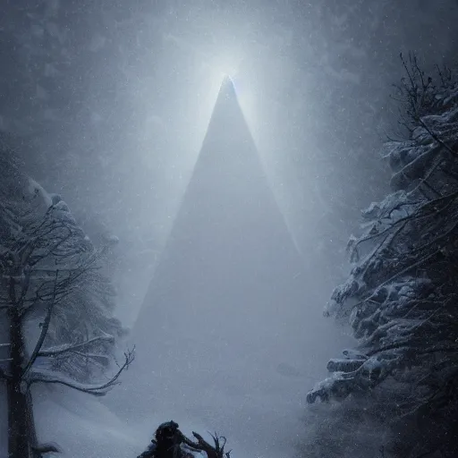 Prompt: cinematic shot epic portrait an snow pyramid in middle of an snowy forest, cloudy, foggy, blizzardy, broad light, ambient occlusion, volumetric light effect, made by ivan aivazovsky, peter mohrbacher, greg rutkowski, matte painting, trending on artstation, 4 k, perfectly defined features, digital painting, cinematic, epic, highly detailed,