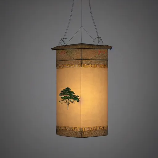 Image similar to A hanging ancient Japanese paper lantern, prop concept art design ,artstation. render in C4D